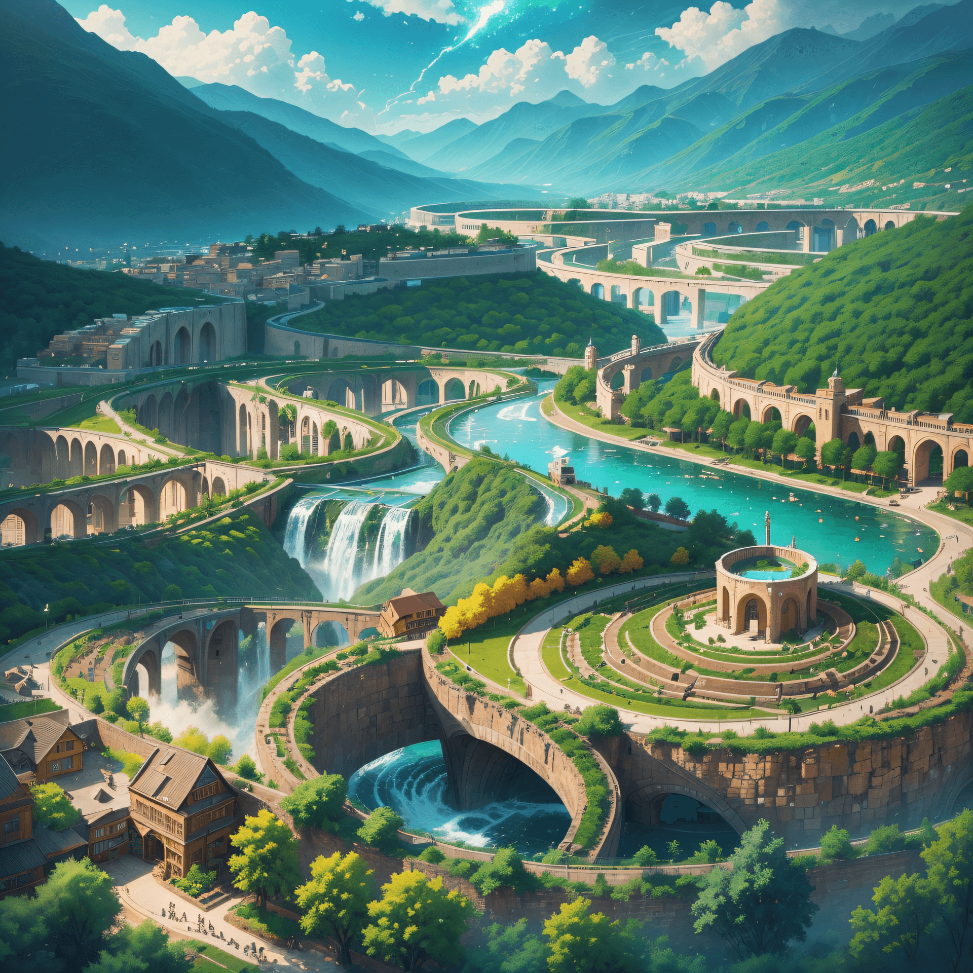AI generated: Imagine a mountainous solarpunk village, nestled amidst towering peaks and verdant valleys. Visualiz...