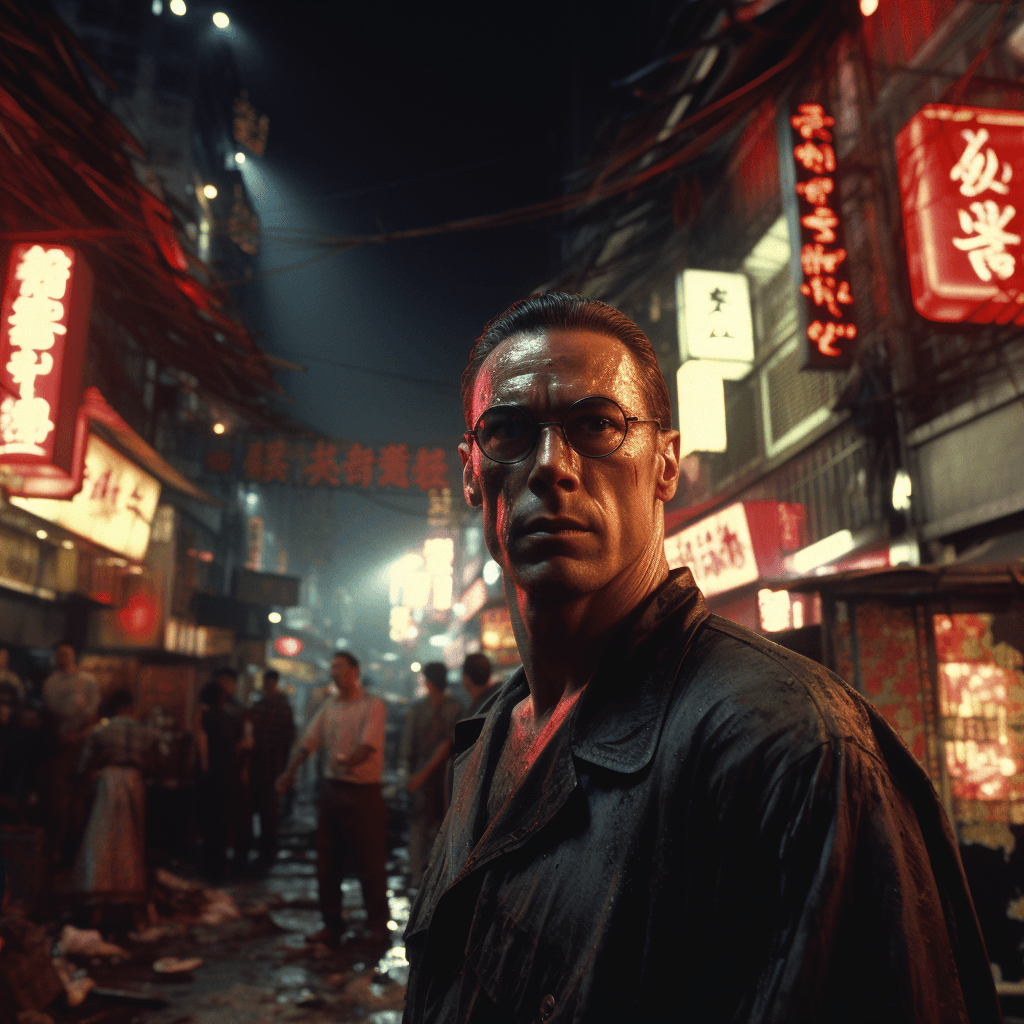 AI generated: Jean claude van damme in kowloon walled city at night, Highest facial details,Exploration of Moralit...
