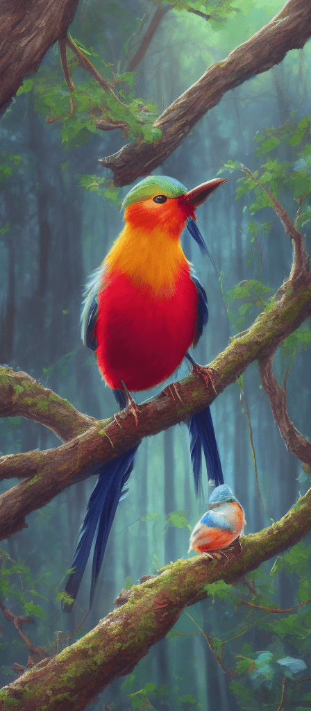 AI generated: a colorful bird sitting on a branch in a forest, a digital painting by Mac Conner, Artstation, photo...