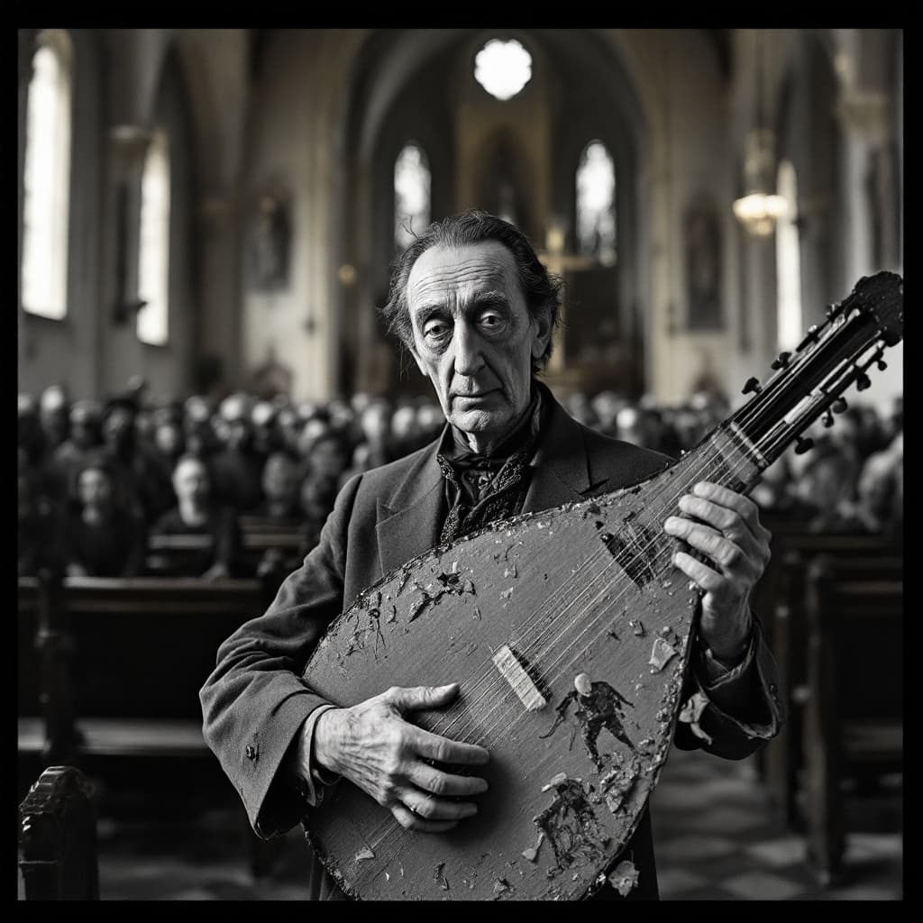 AI generated: Salvador Dalí holding a broken lute in church. The church is filled photo models.