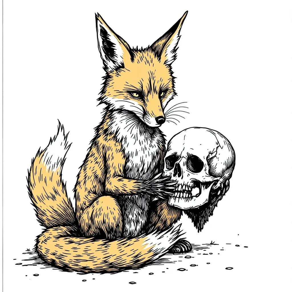 AI generated: A fox holding a human skull, an engraving from the 4th century AD, in the style of William Jonscher ...
