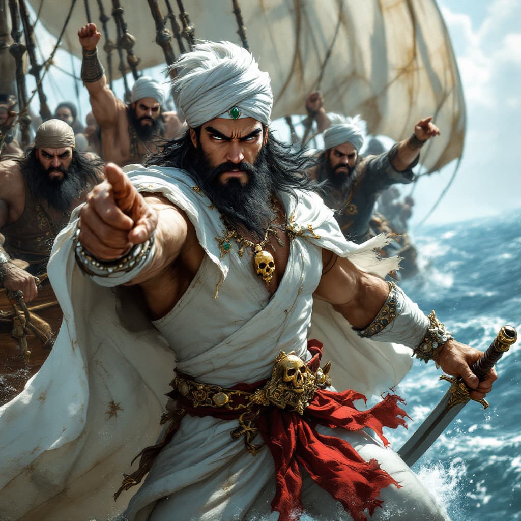 AI generated: a young strong muscular medieval sailor and his henchmen jumping into another ship, he has thick s-s...