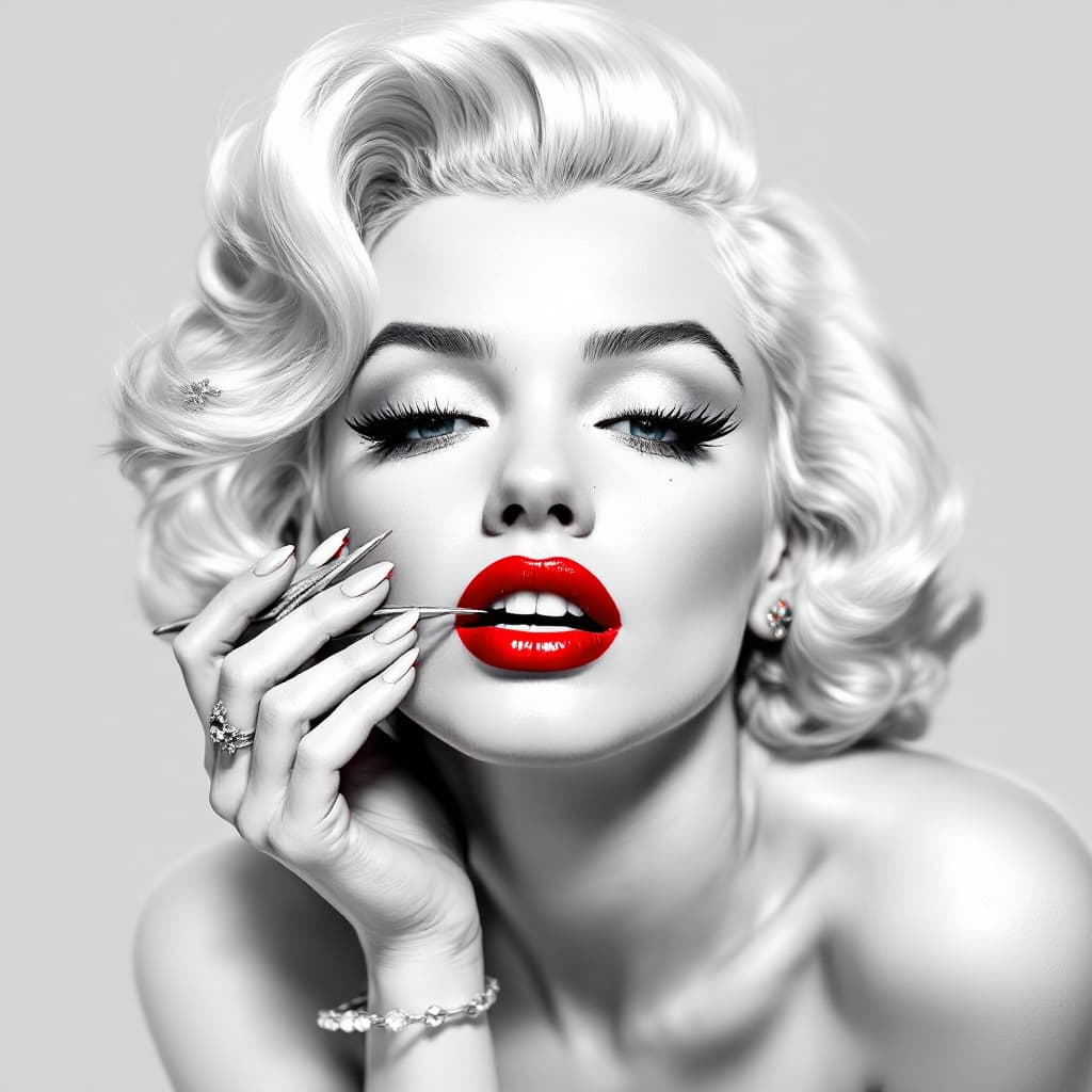 AI generated: white background, beautiful portrait of Marilyn Monroe in white and silver colors, with red lipstick...
