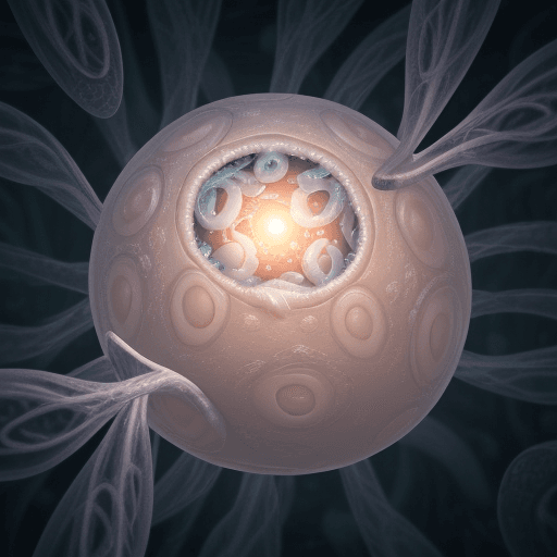 AI generated: A fantasy image of an ovum getting surrounded by sperm cells, getting ready to impregnate it