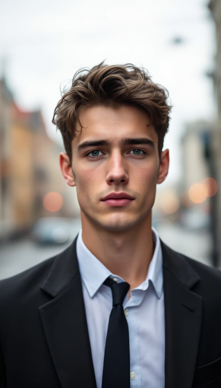 AI generated: Photography, Handsome and innocent Russian young male image. He is wearing a suit and facing the fro...