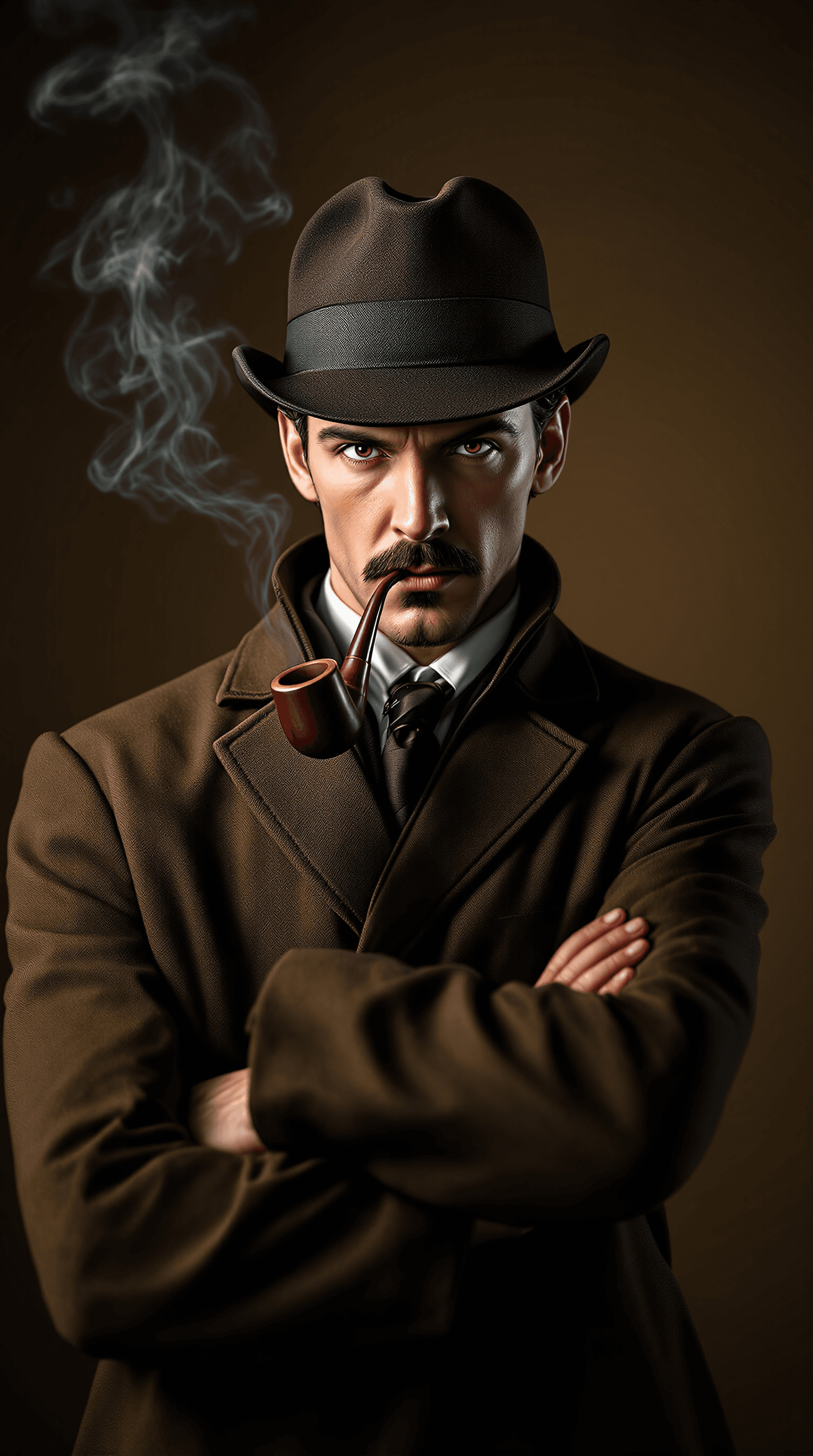 AI generated: Rich, moody bokeh effect photography of a confident, defiant Sherlock Holmes posing with a piercing ...