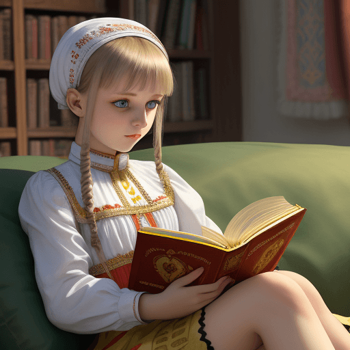 AI generated: Ukrainian girl in national costume who reads a Ukrainian book with love and interest