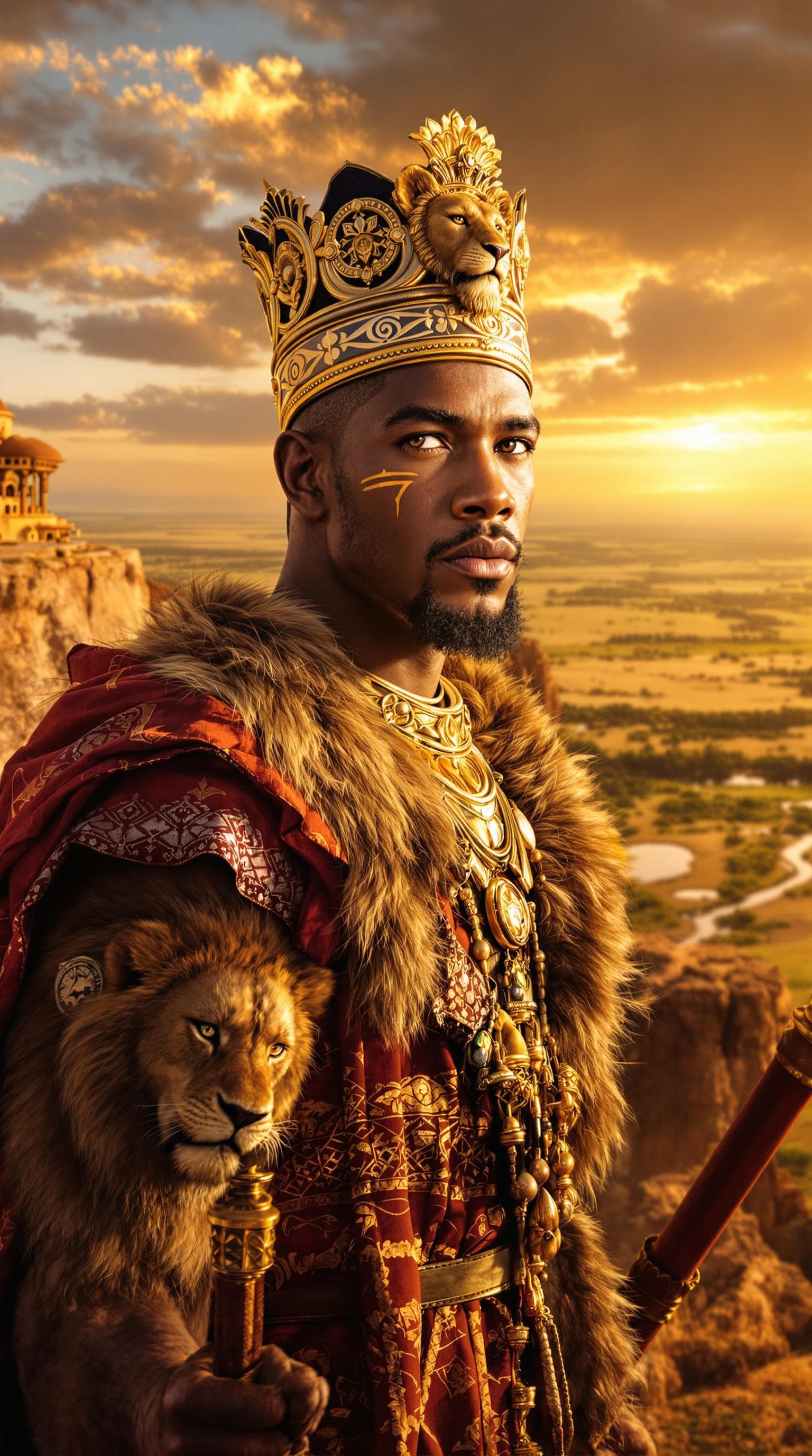 AI generated: A hyper-realistic portrait of a young African king inspired by Simba; strong jawline with determined...