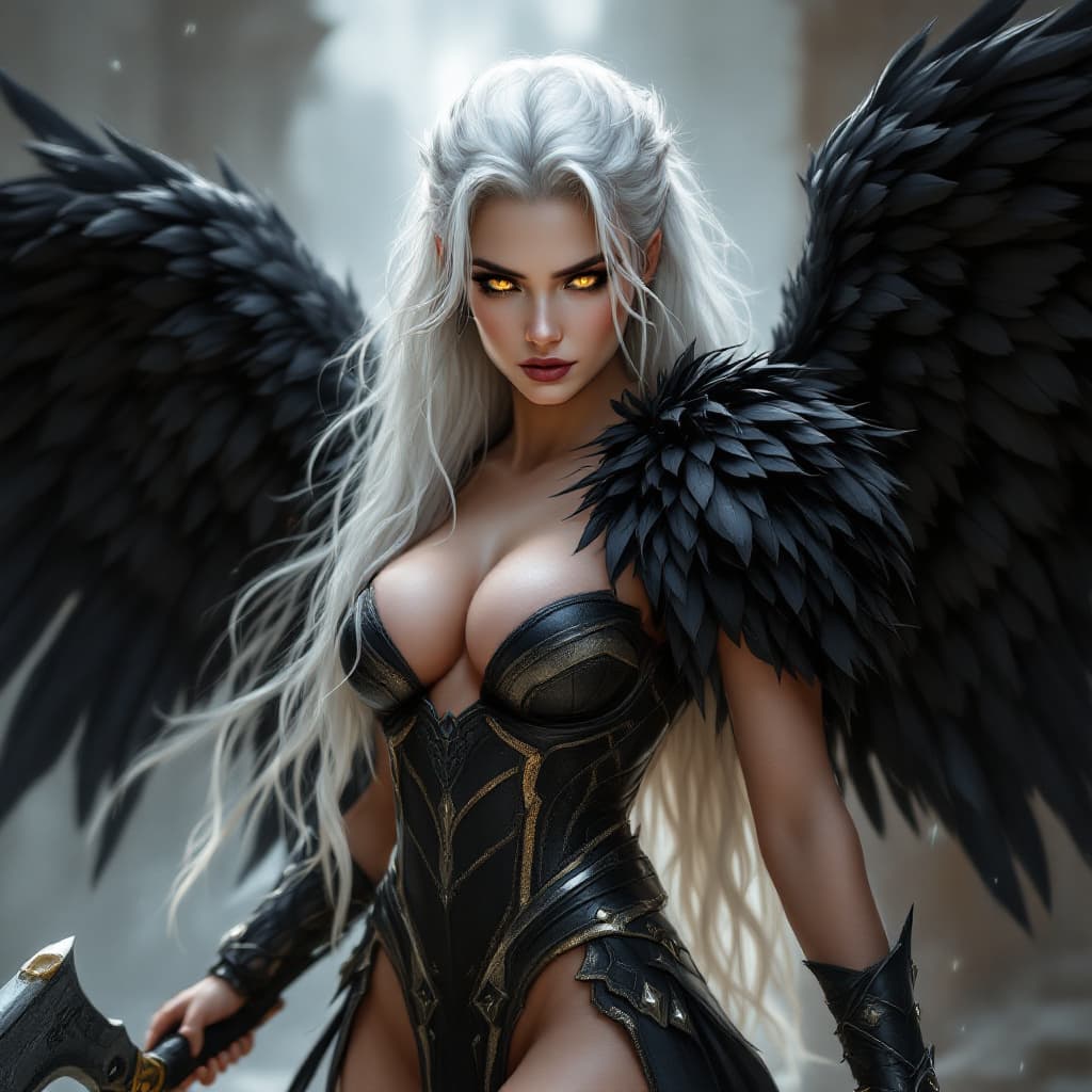 AI generated: Valkyrie, black wings, feather shoulder armor, axe in hand, but still beautiful and gorgeous, intens...
