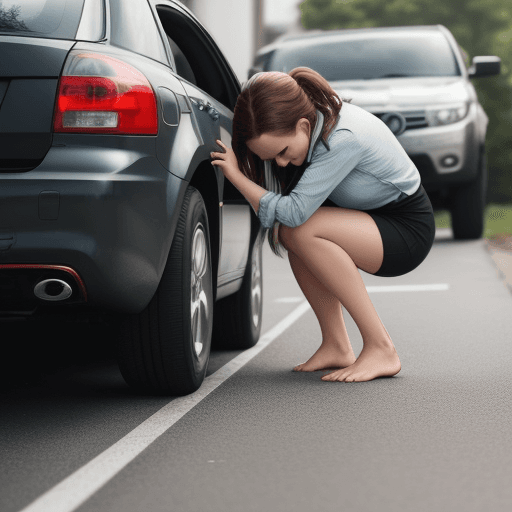 AI generated: Woman with her feet on the ground picking up a car
