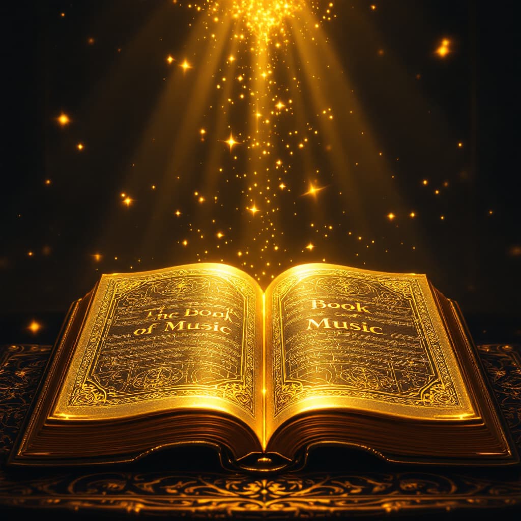 AI generated: An ancient open GOLDEN BOOK on a ornate table, pages glowing with radiant golden light, the word "Th...