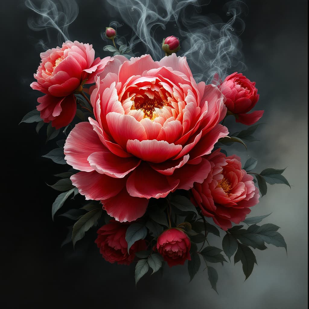 AI generated: Red peony bouquet opening, liquid smoke fractals, elegant botany, dynamic movement, raphael, caravag...