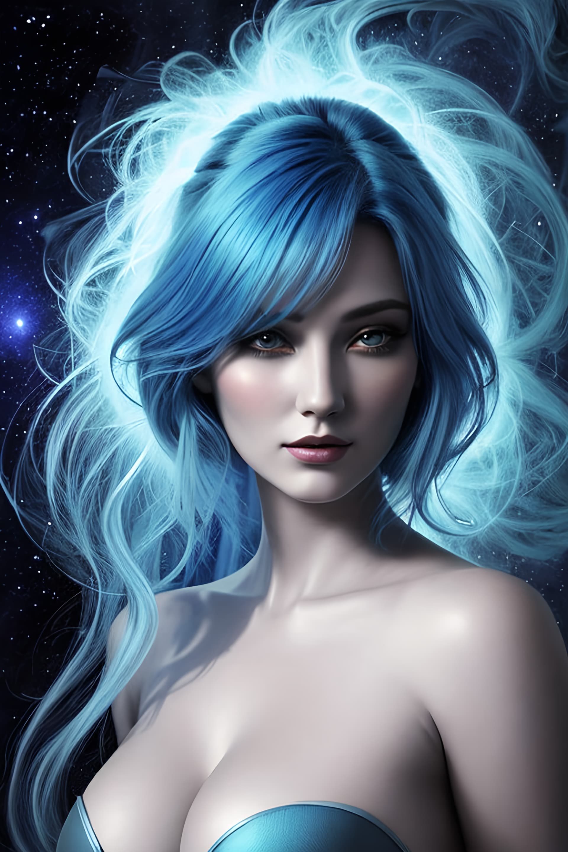 AI generated: a_portrait_of_a_captivating_painting_showcases_a_woman_with_stunning_blue_hair__her_form_is_a_fusion...