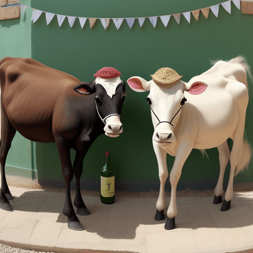AI generated: Dos vacas que alumbran con un fondo construido a base de botellas reciclables
