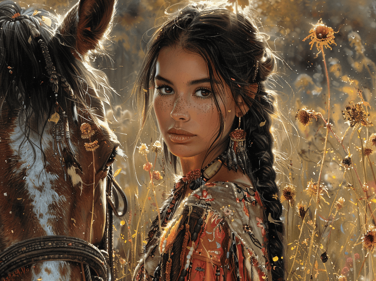 AI generated: A painting of young native american woman with black hair, wearing an Native American orange-red dre...
