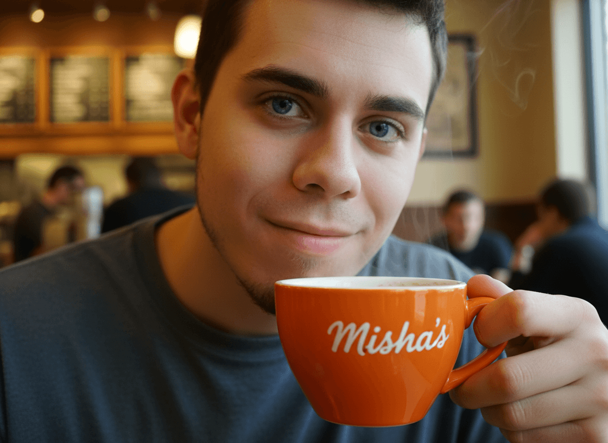 AI generated: The guy has blue eyes. He is at a coffee shop. He is grabbing his orange coffee cup. The cup says on...