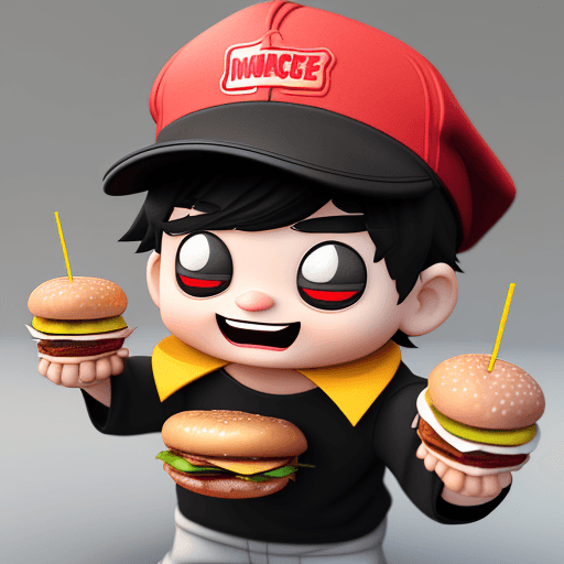 AI generated: imagine mascot mark logo showing a delicious burger, cute boy with black and red cap, burger place m...