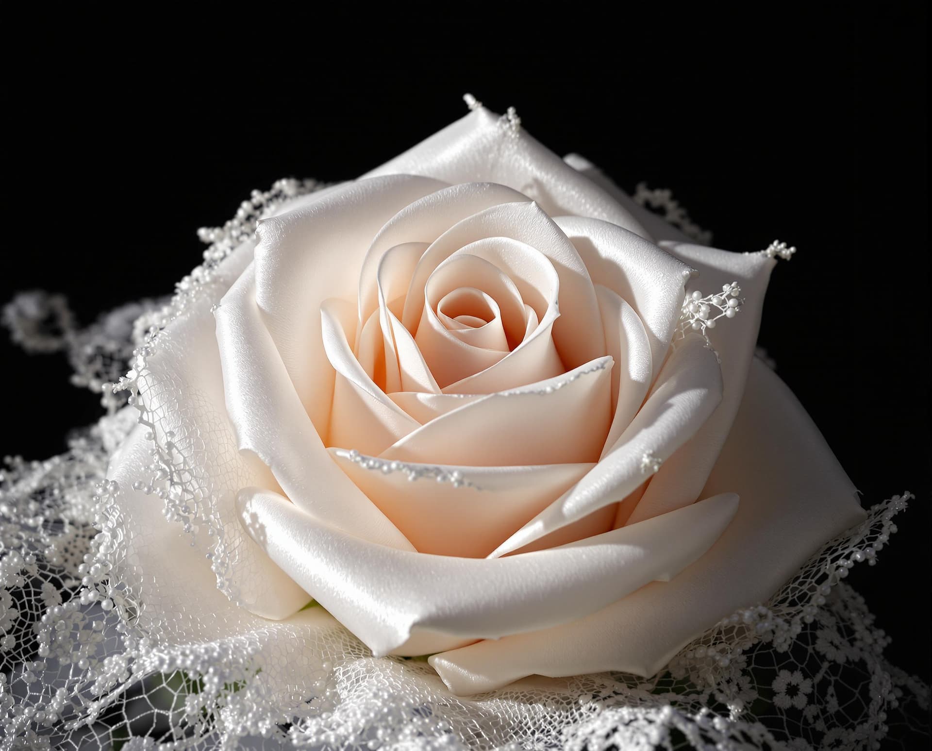AI generated:  a rose made of white satin and lace,close up view,very fine textures and details,light reflections,