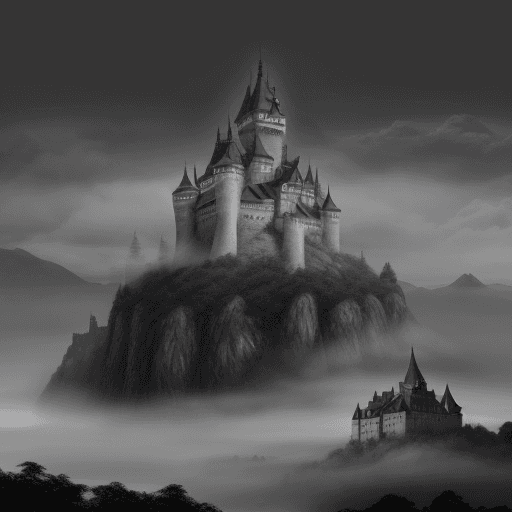 AI generated: this is a cover for kina, it shows a healthy castle, fog, dark colors, gray and black. The castle ha...