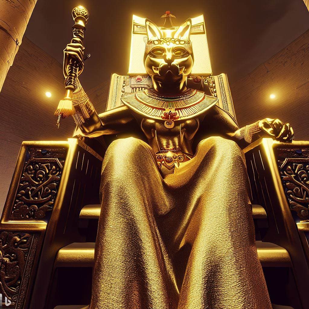 AI generated: ultra detailed artistic photography of gold cat-masked pharaoh girl wearing jewlery, holding a crosi...