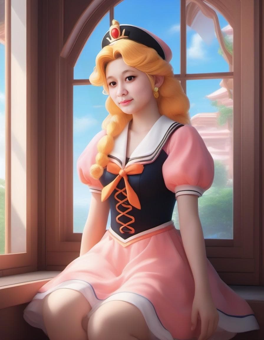 AI generated: sailor girl sitting on the floor in a room with a window, portrait of princess peach, princess peach...