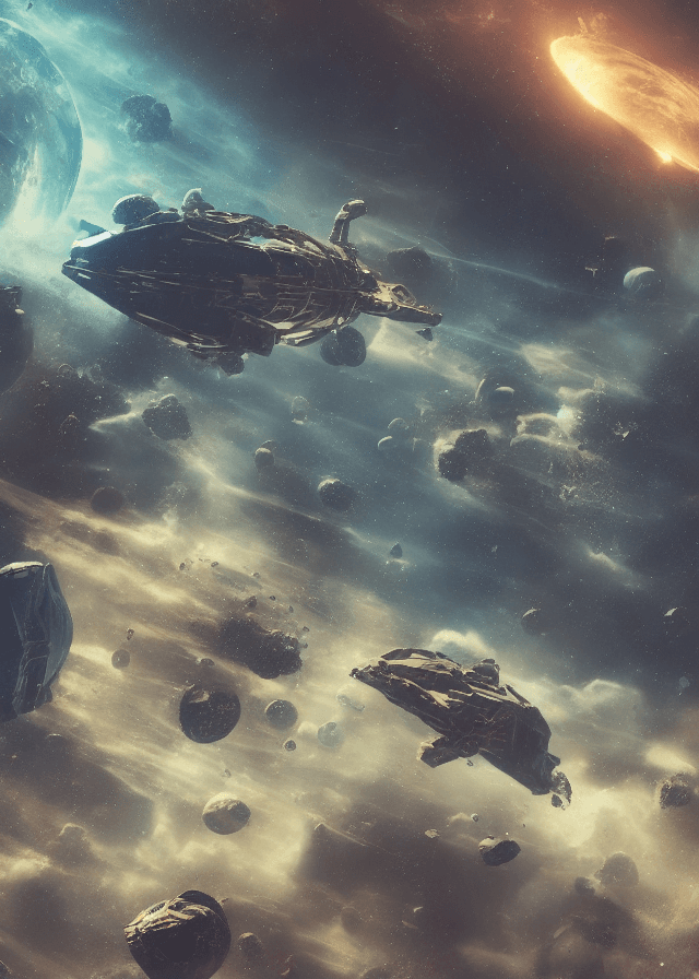 AI generated: Spaceship wreckage, block shaped, remove round corners, floating in space, remove planets, nebulae, ...