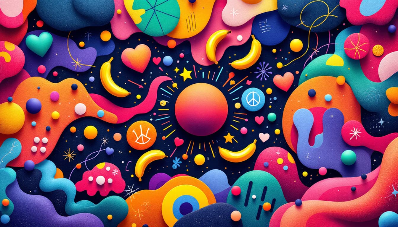 AI generated: Vibrant, colorful design elements fill the image, radiating outward from the small circle center. Ab...