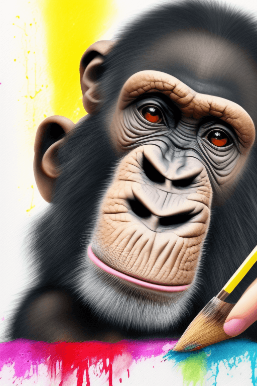AI generated: cute chimpansee portrait with a dripping pencil and splashing paint