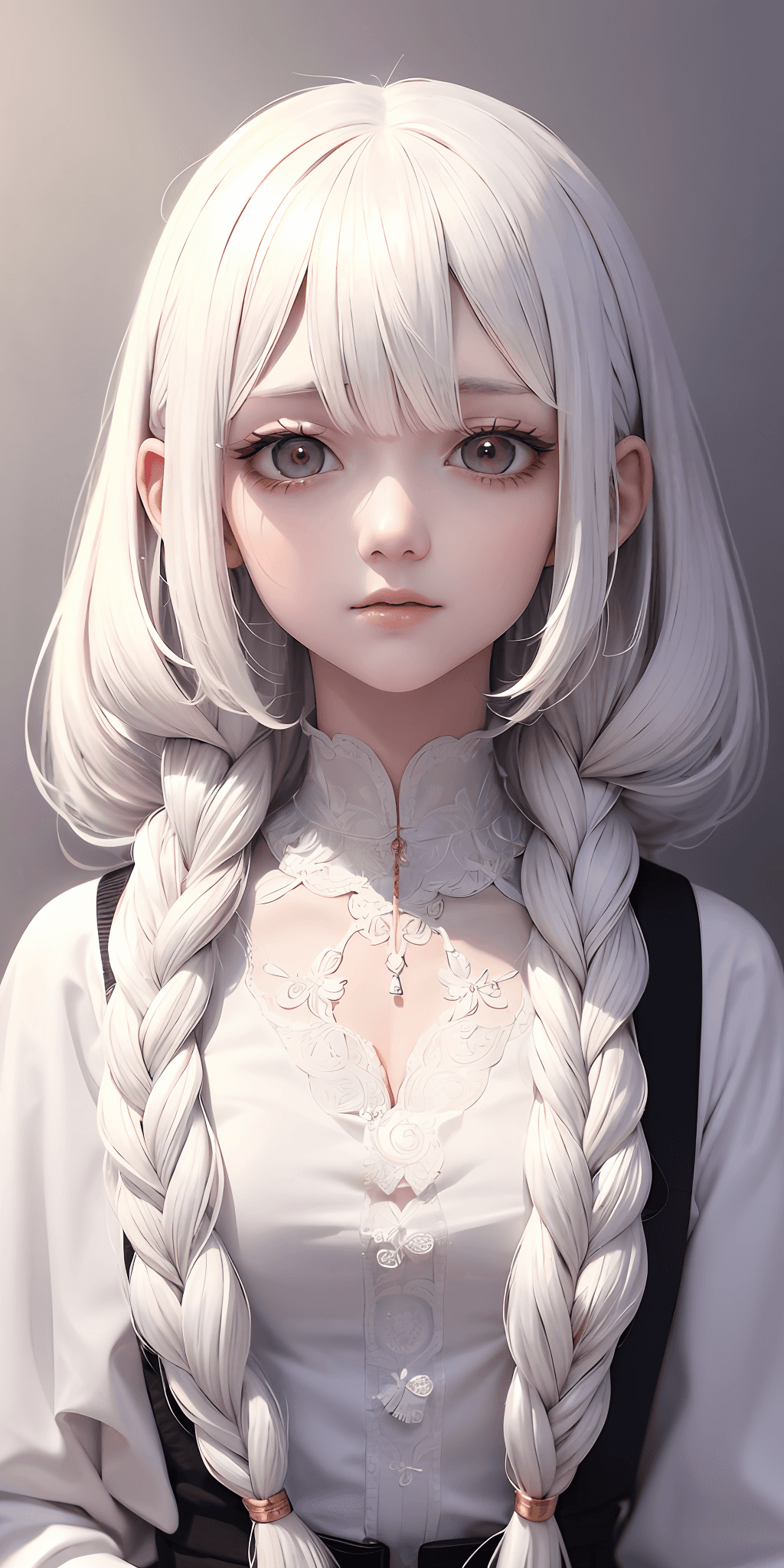 AI generated: best quality, masterpiece,white hair, gold eyes,white clothes, looking up, upper body,hair strand,Fa...