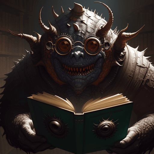 AI generated: Close-up Portrait of a Beholder_Monster, Fantasy, wearing mono-glasses In a Large library, reading b...