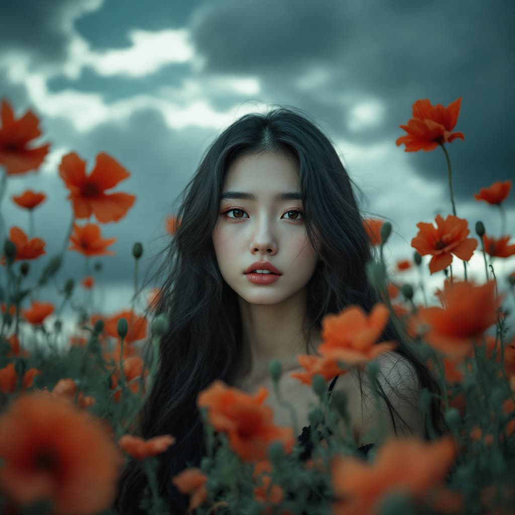 AI generated: A young East Asian woman with long dark hair surrounded  by poppies flowers, looking directly at the...