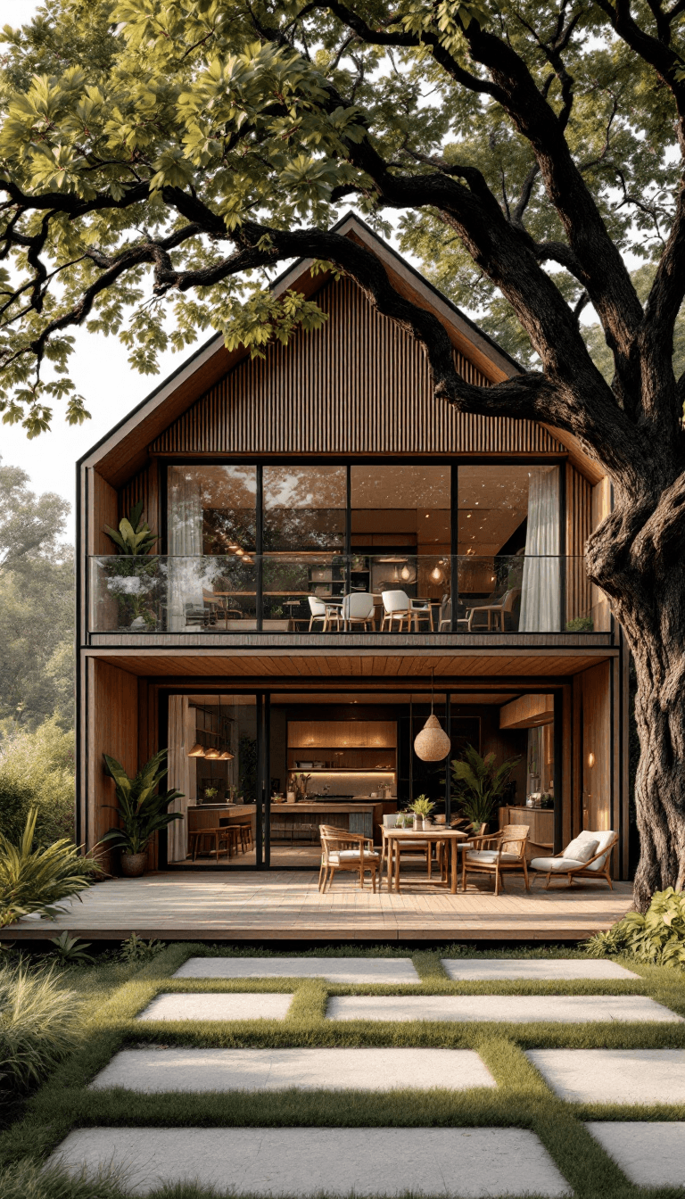 AI generated: A wide-angle shot of a two-story modern cottage house, with the second floor stretching across in wi...
