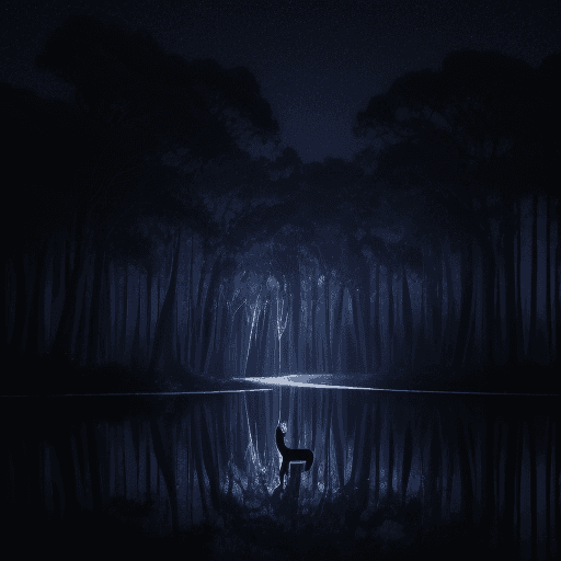 AI generated: In the moonlit embrace of a tranquil sandalwood forest, the night unveils a mesmerizing scene.  lake...