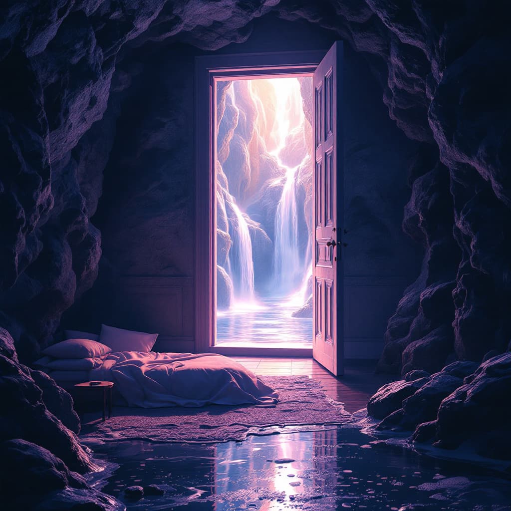 AI generated: Create a detailed, immersive illustration of a bedroom, whose open door leads to a cavern with water...