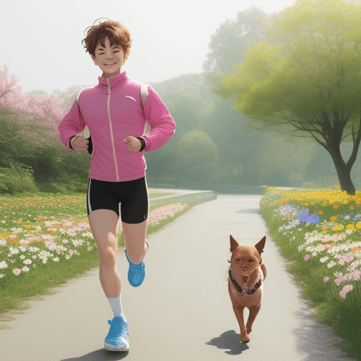 AI generated: Cute boy with a  cute girl and dog flower road runing morning