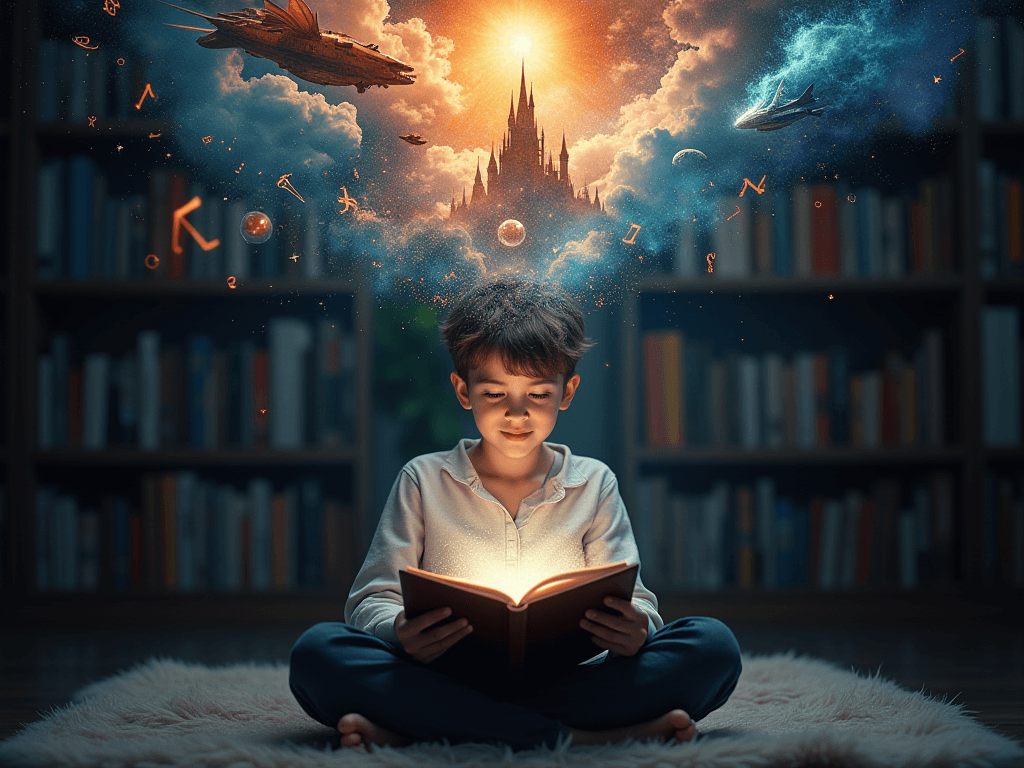 AI generated: A highly detailed, dreamlike scene of a person sitting cross-legged in a cozy, dimly lit space, read...