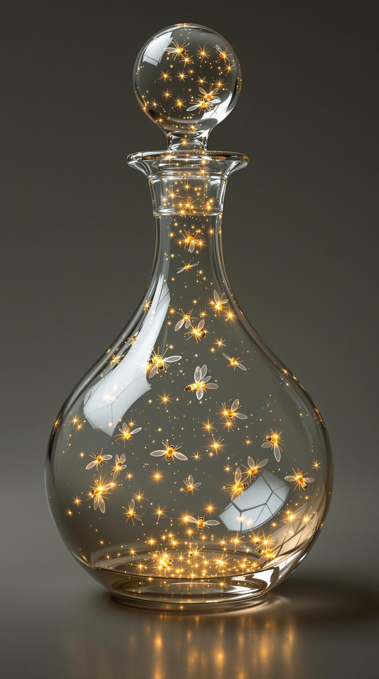 AI generated: a wide based decanter  made of crystal , that has a swarm of fireflies in it