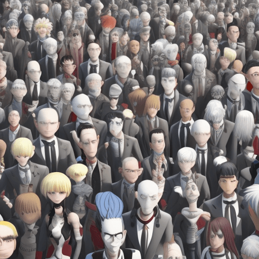 AI generated: Echoes of Obedience: Illustrate NPC (Gray Man) surrounded by a sea of identical characters, all echo...