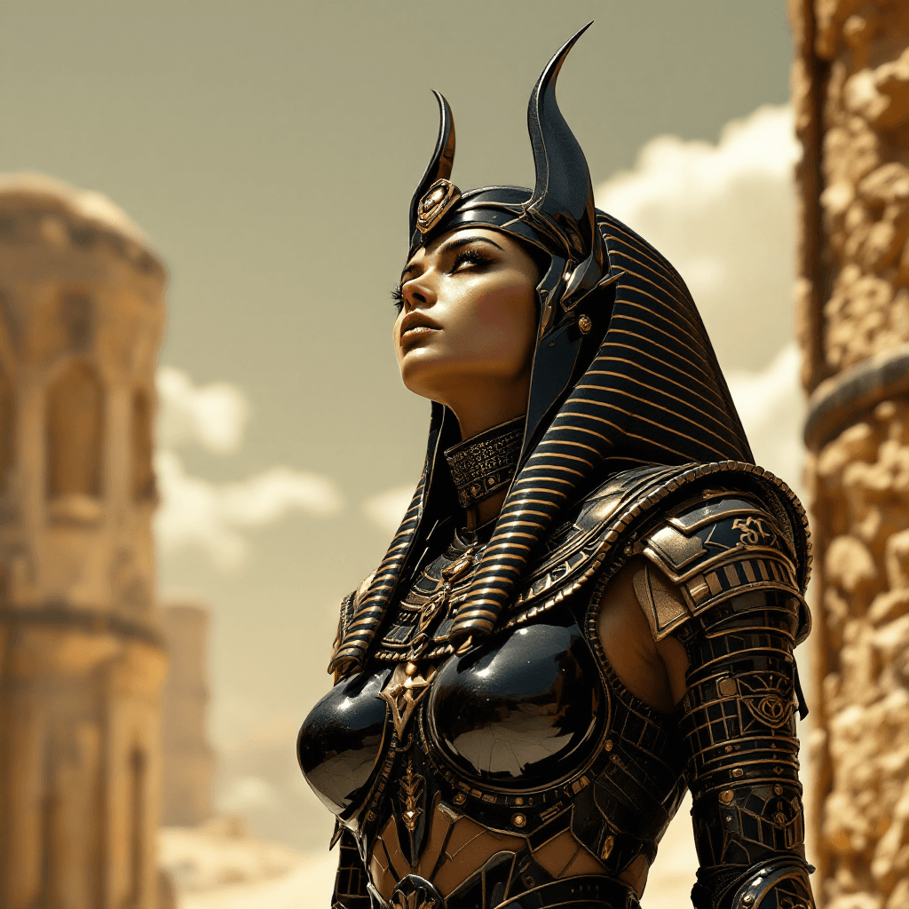 AI generated: high quality photorealistic image of an beautiful, sassy ancient, beautiful Space Egyptian Female Wa...