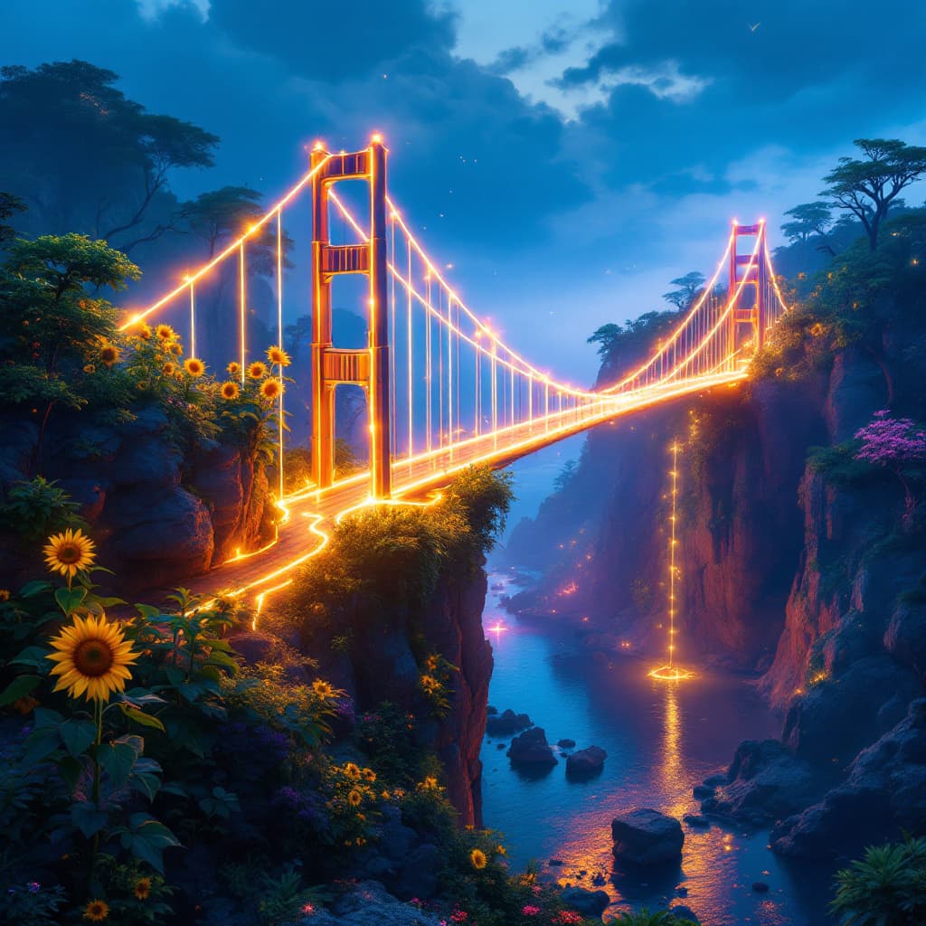 AI generated: 
"Create an photorealistic pictue of a bridge made entirely out of glowing, colorful lights that con...