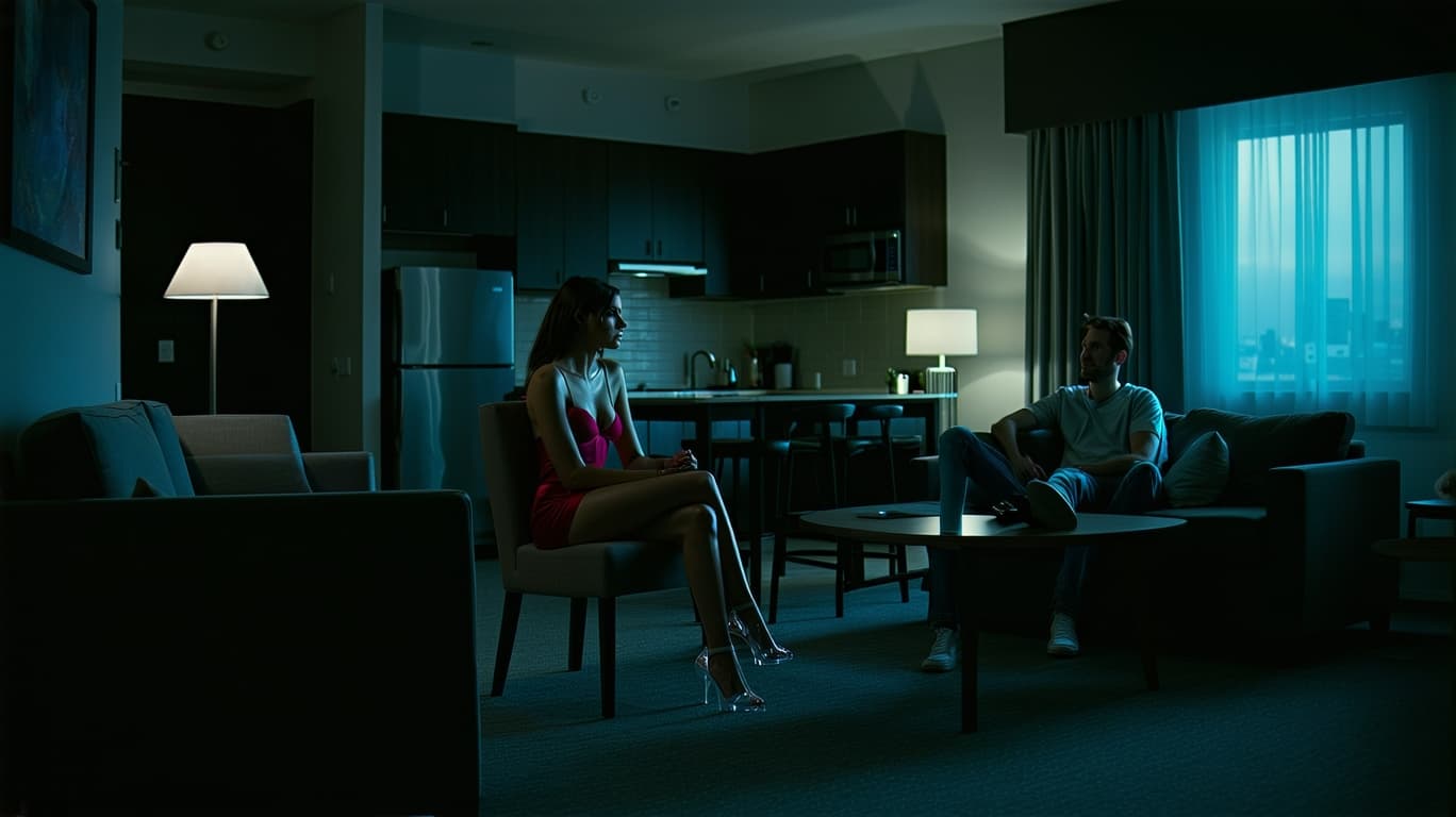 AI generated: A high-resolution movie scene, featuring the living room of a modern, trendy motel with a slight dam...