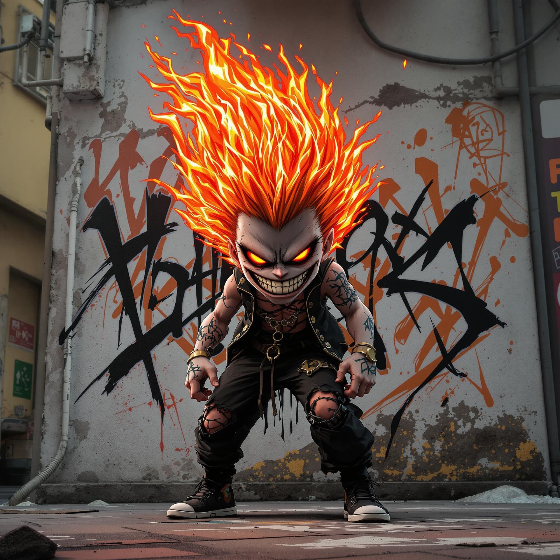 AI generated: full body 3d illustration anime styled graffiti anime character with flaming hair and an evil smile ...