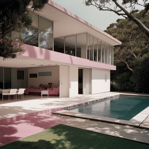 AI generated: Hyper realistic eye level exterior photo of a mid century modern style house overlooking the oceanFu...