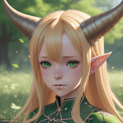 AI generated: blond haired girl with horns and green leaves on her head, detailed digital anime art, loish and wlo...