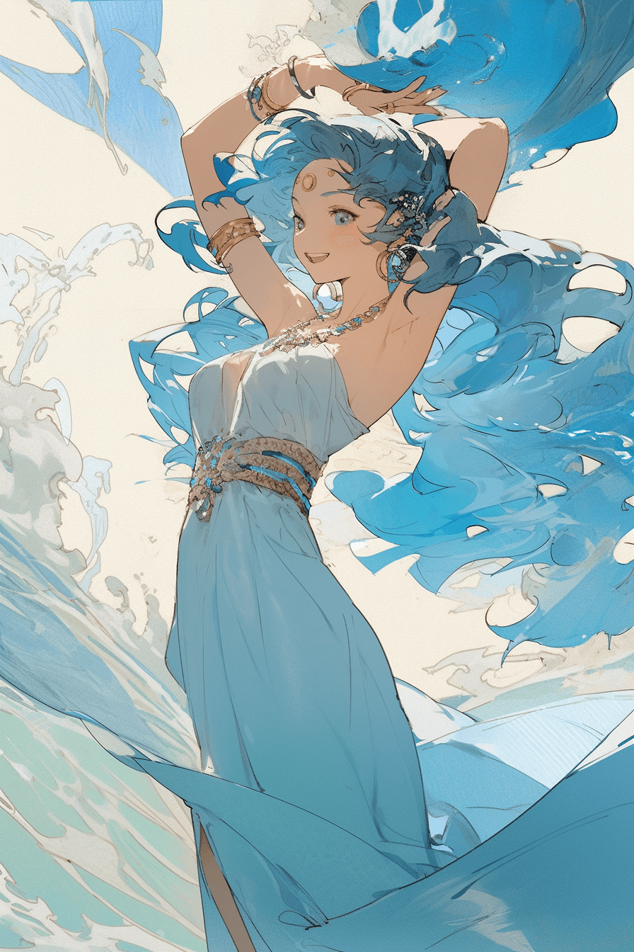AI generated: A playful anime dancer from the sparkling ocean with a seashell crown and a dolphin hairpin at noon ...