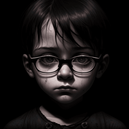 AI generated: digital wallpaper portrait of an anonymous, tiny child face with black glasses, gloomy background, h...