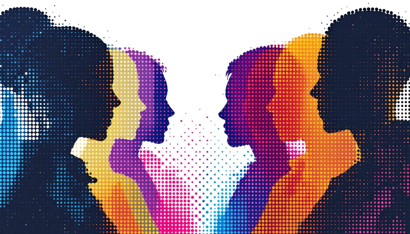 AI generated: dot matrix, minimalist geometric art, digital dot, vector graphics, front view of abstract human sil...