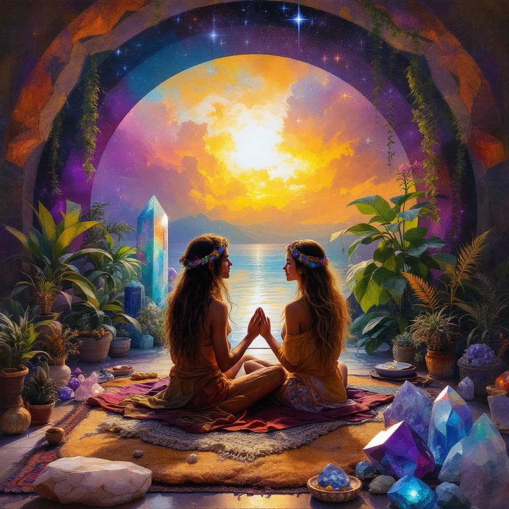 AI generated:  A painting by AI intelligence, Zen, heavy vibes, souls intertwining.  room for meditation with larg...
