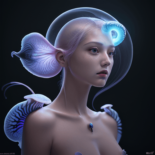 AI generated: Goddess close-up portrait ribcagel. jellyfish phoenix head, nautilus, orchid, skull, betta fish, bio...