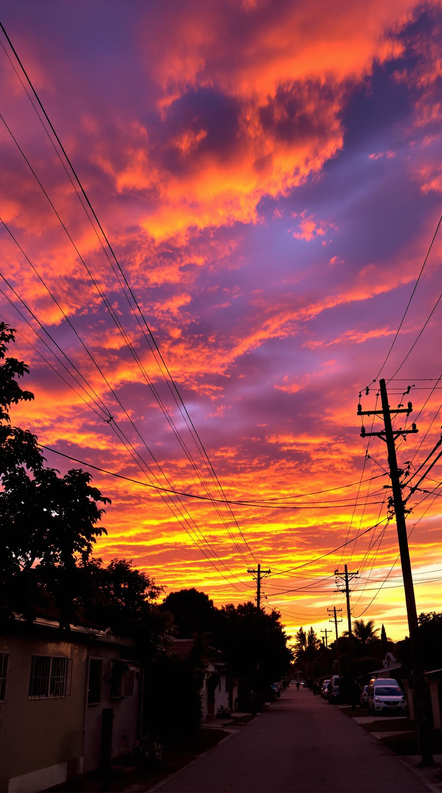 AI generated: A scenic suburban street at sunset is portrayed, with vibrant orange and purple clouds illuminating ...